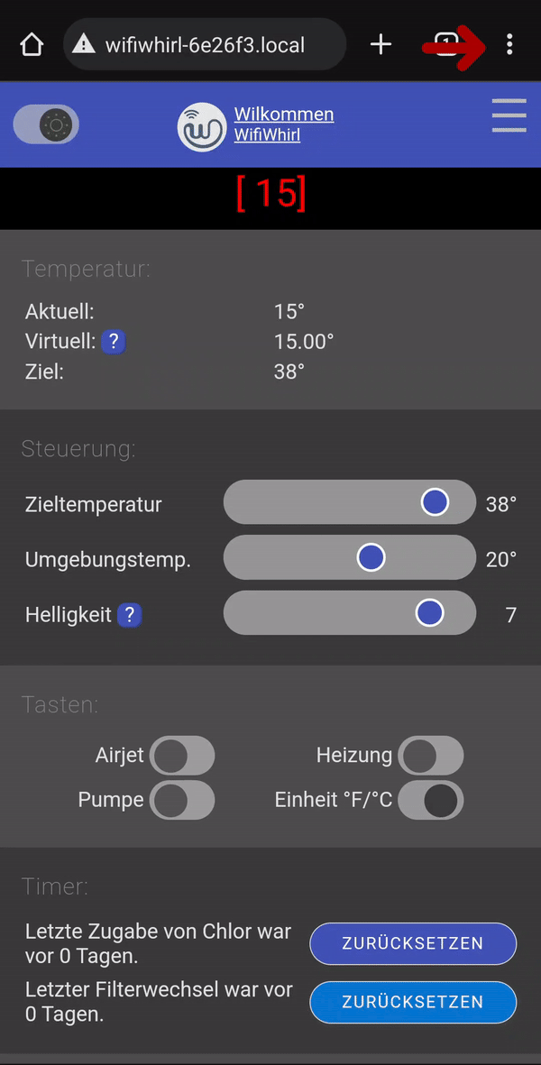Anleitung: Verknüpfung zur WifiWhirl Weboberfläche auf dem Android Startbildschirm hinzufügen