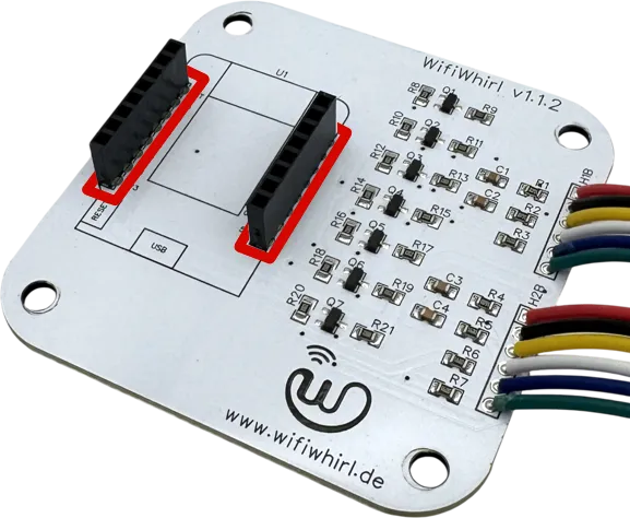 WifiWhirl Platine mit Buchsenleisten oben