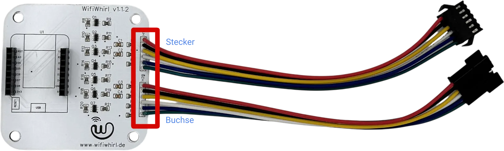 WifiWhirl Platine mit gelöteten Kabeln