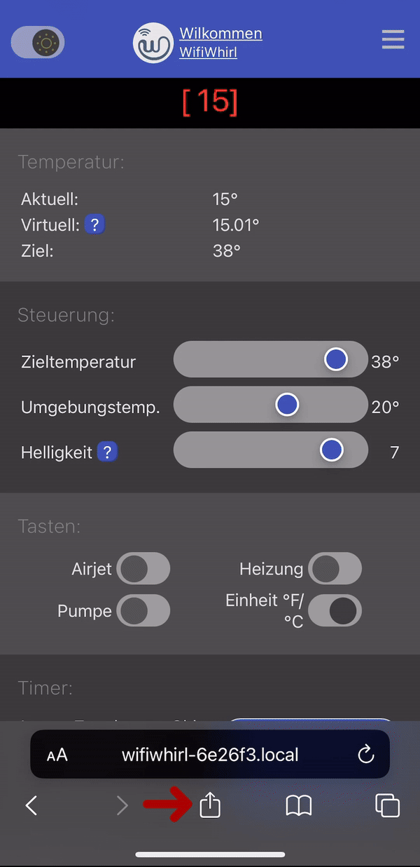 Anleitung: Verknüpfung zur WifiWhirl Weboberfläche auf dem iOS Startbildschirm hinzufügen